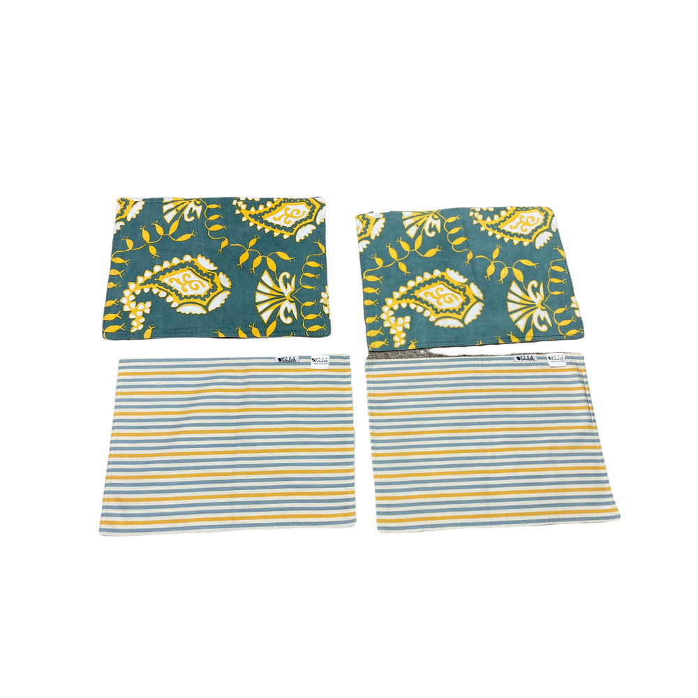 Tululah Designs Set of 4 Blue Yellow Paisley Reversible Stripe Cotton Placemats